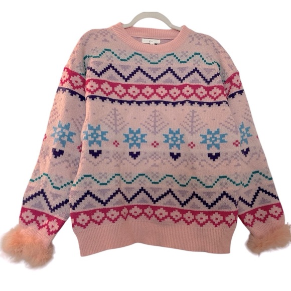 KLESIS fair isle sweater Sz S-M,Oversized, furr puff on cuffs. Winter Snow. - Picture 1 of 7